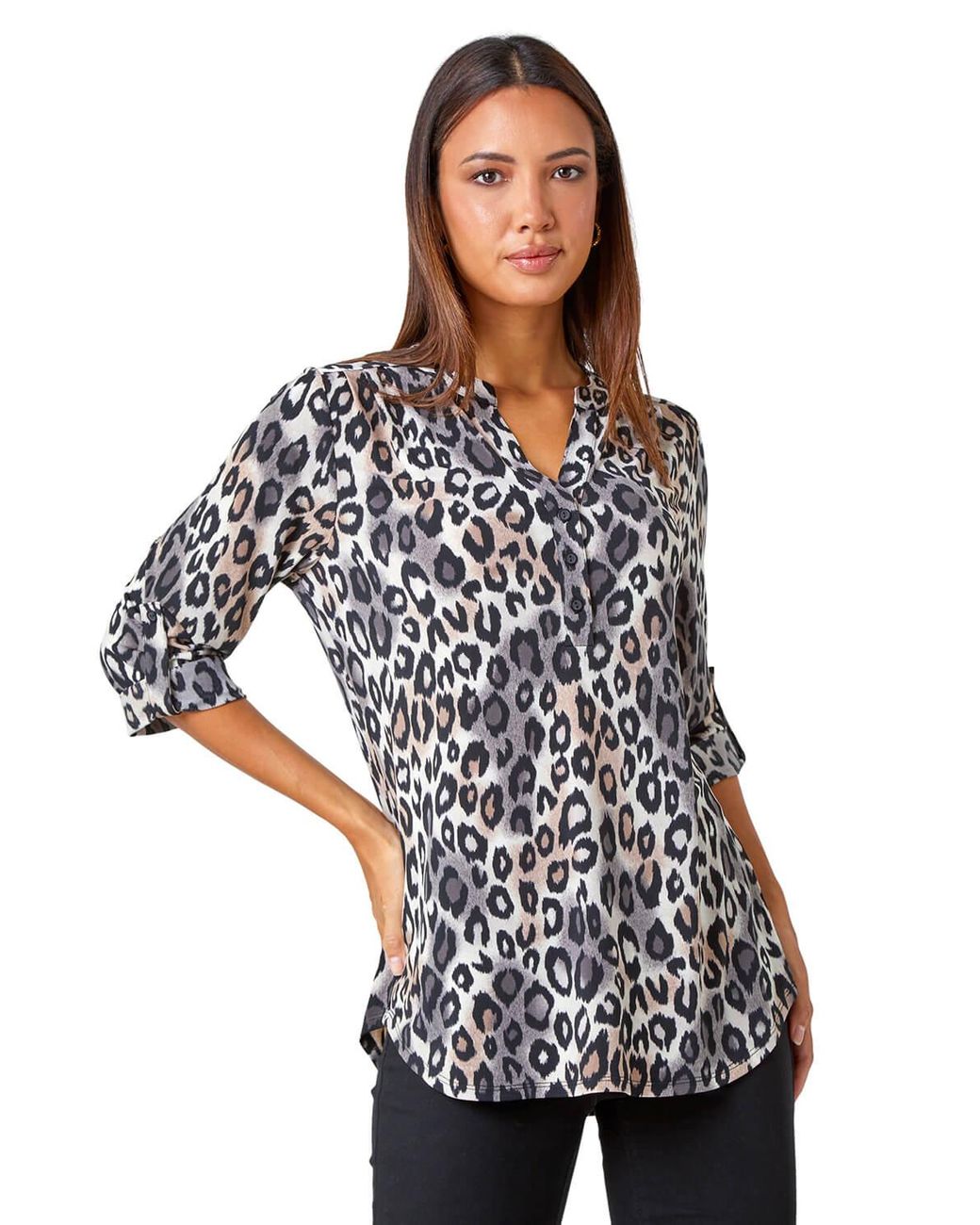Roman Black Animal Print Stretch Blouse