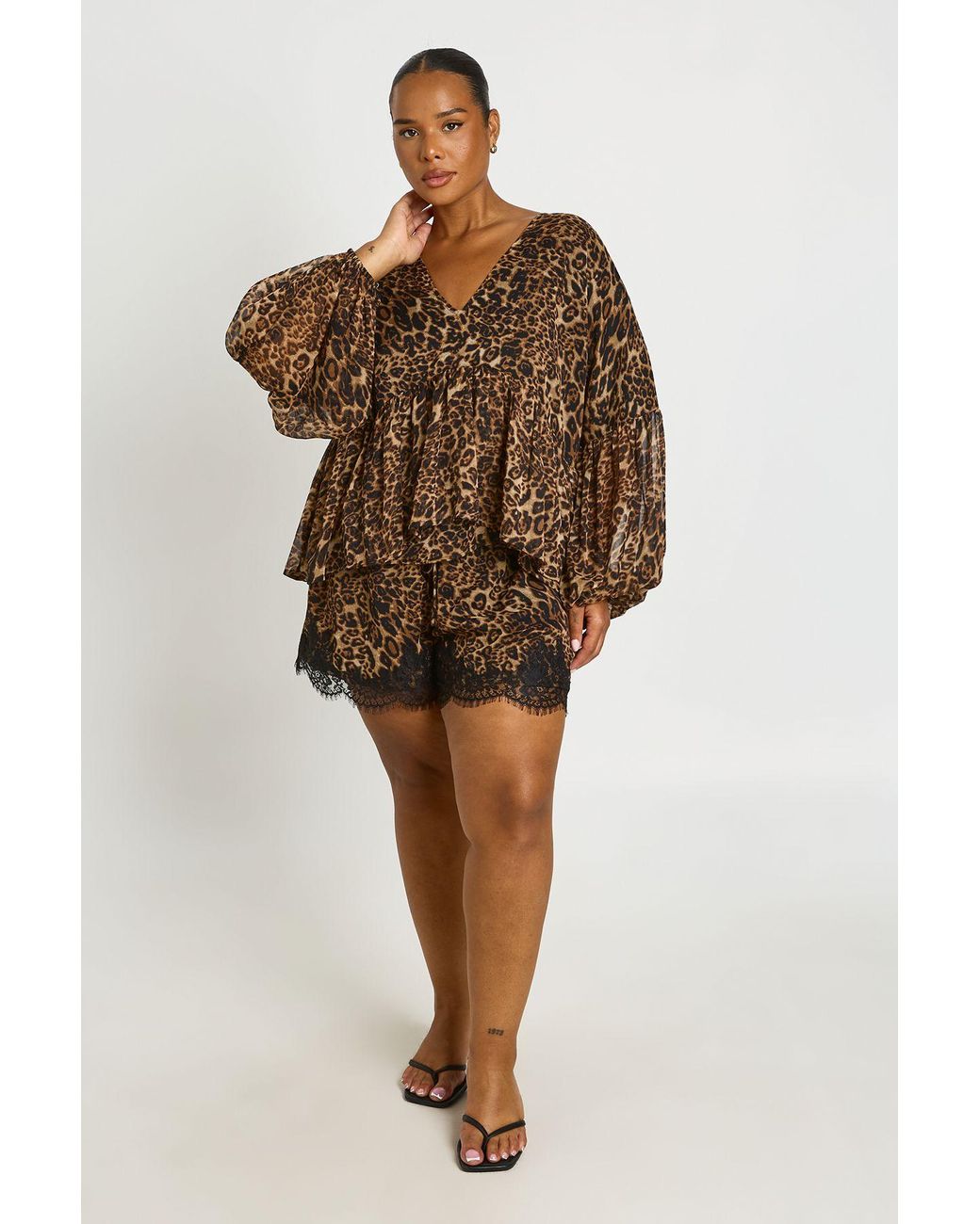 Boohoo Brown Plus Leopard Chiffon Ruffle Plunge Blouse