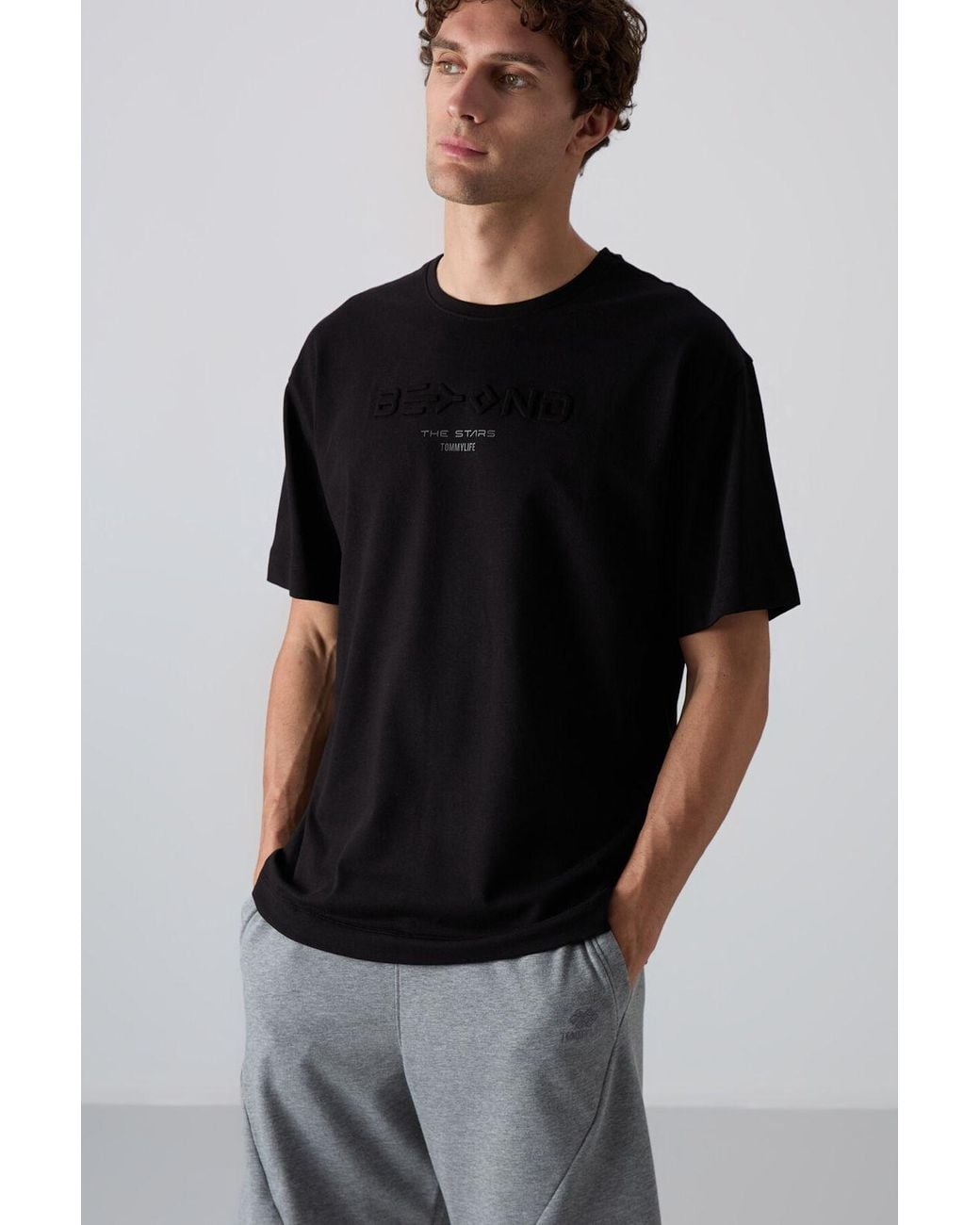 TOMMY LIFE Black Oversized Cotton- Logo T-Shirt for men
