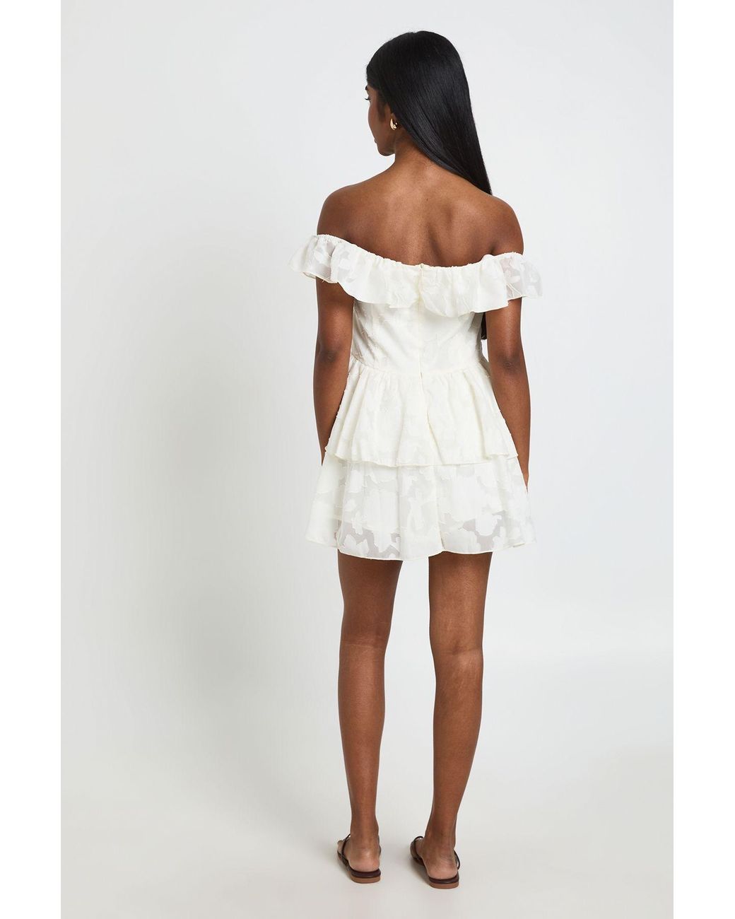 Boohoo White Textured Floral Bardot Mini Dress