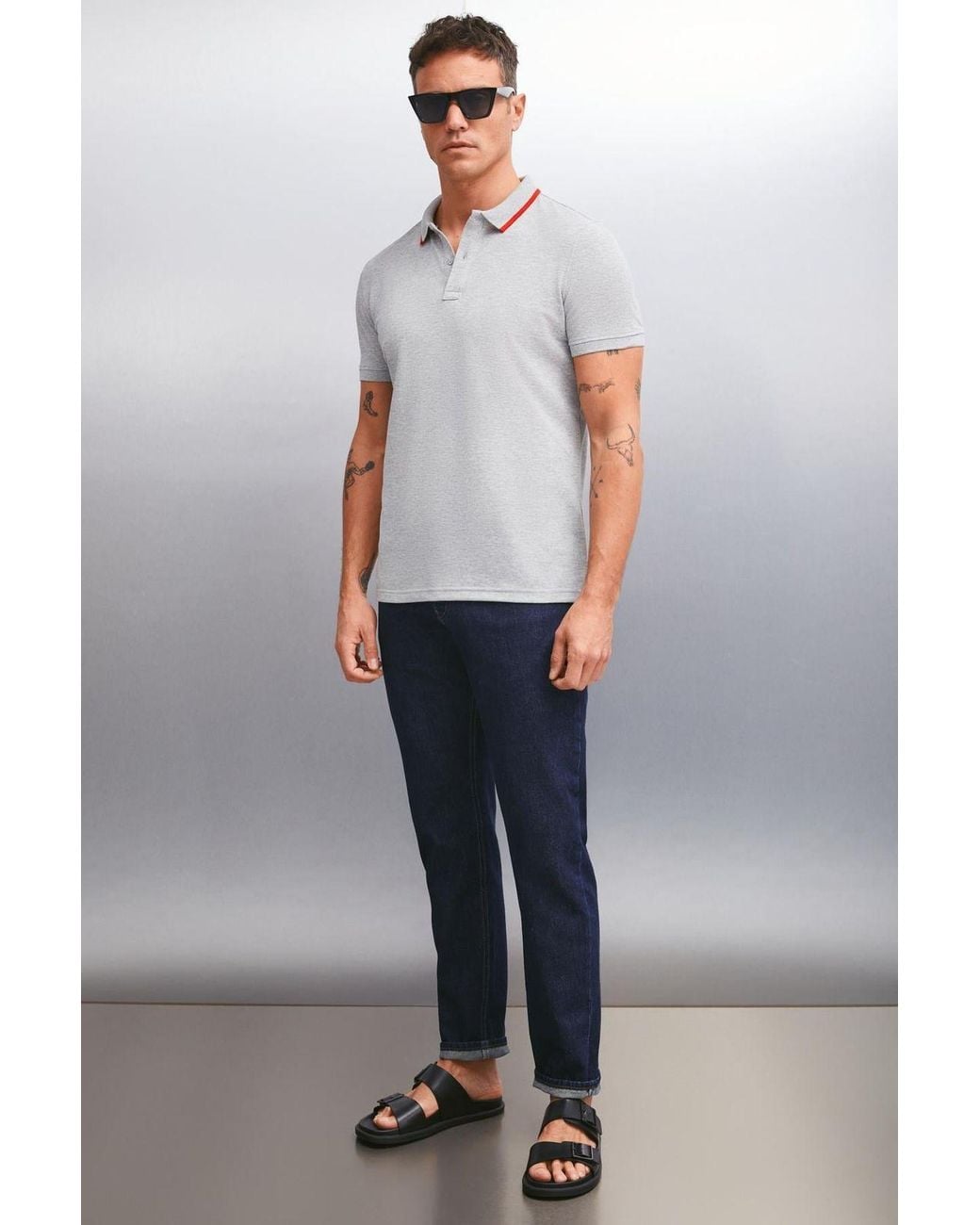 Grimelange Gray Polo Collar Striped T-Shirt for men