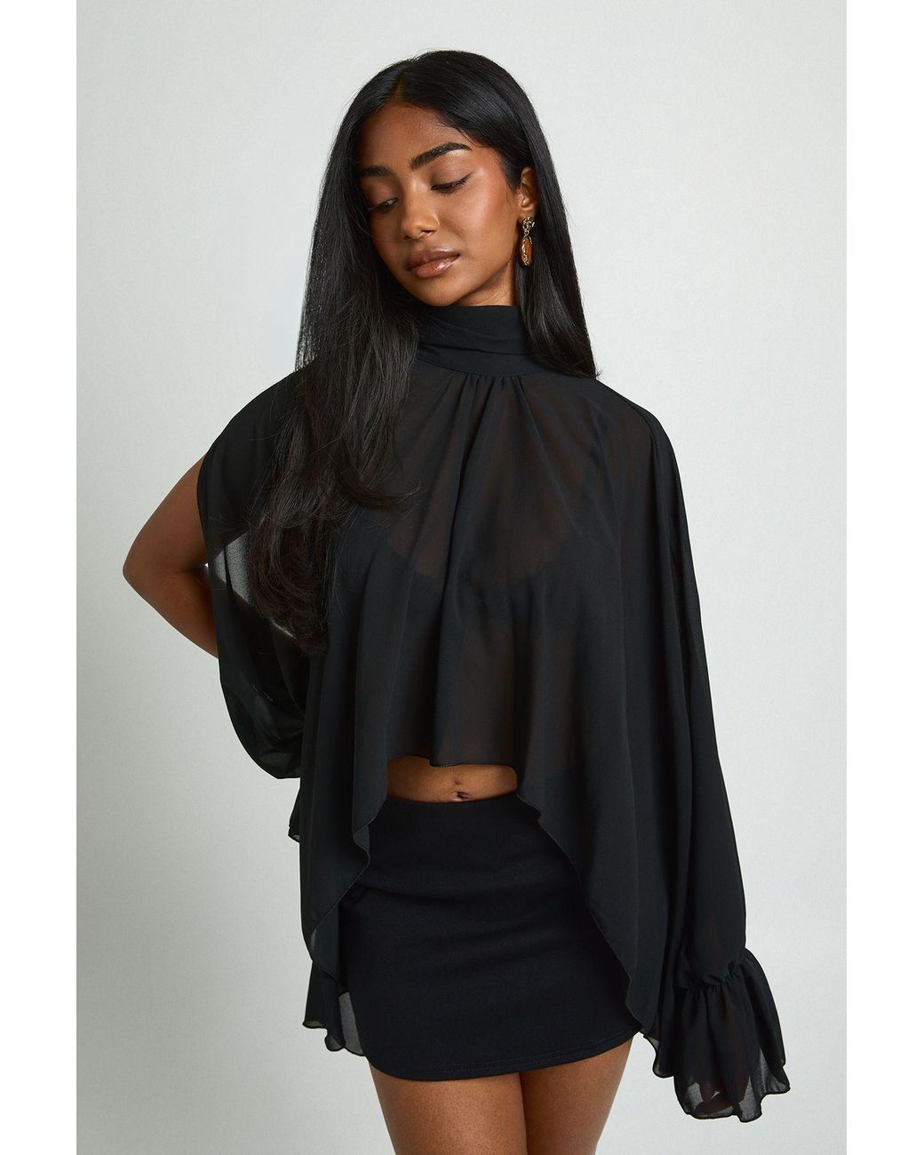 Boohoo Black High Neck Chiffon Split Sleeve Blouse