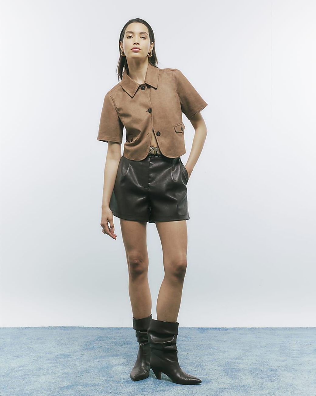 River Island Natural Shirt Faux Suede Pocket Short Sleeve