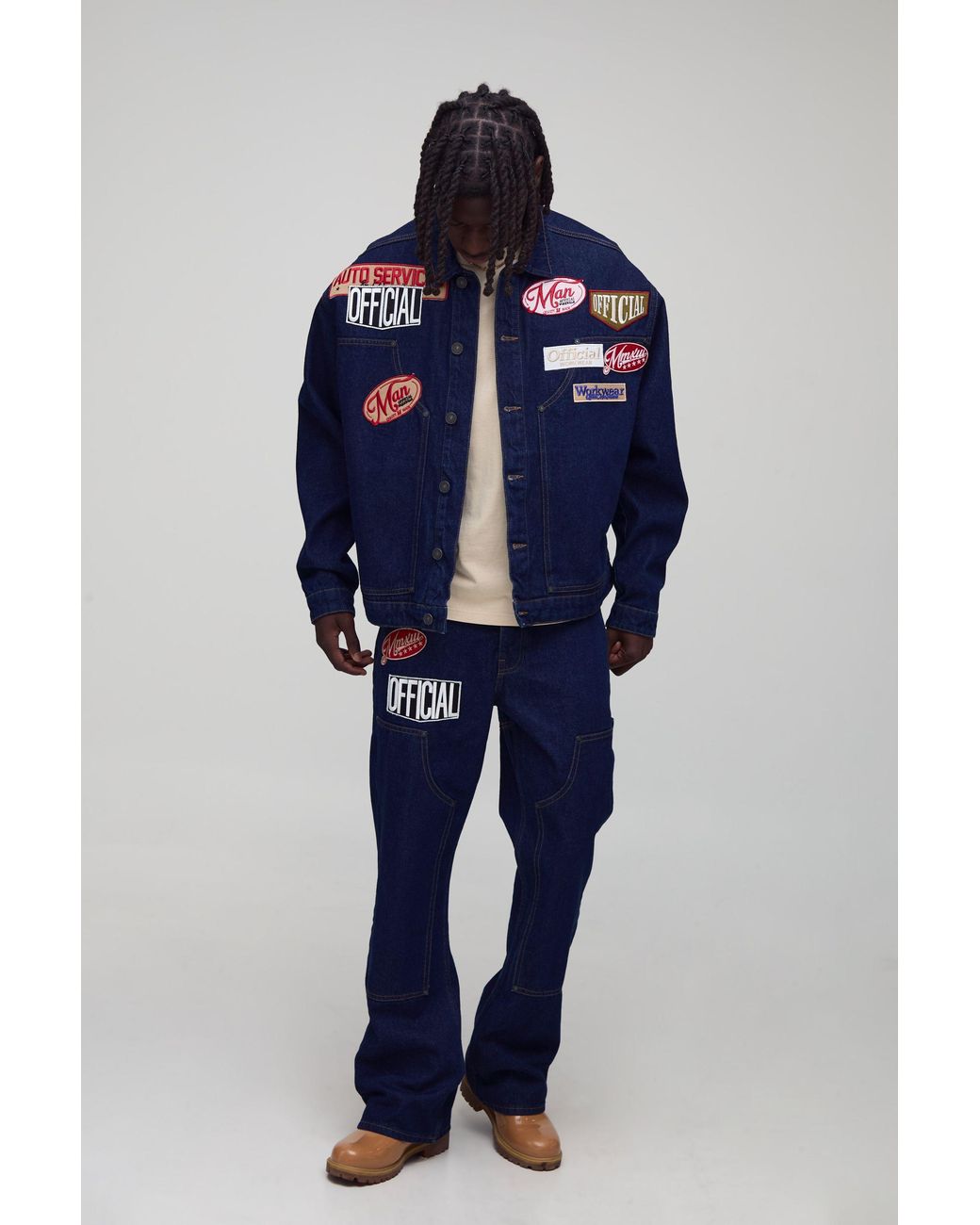 BoohooMAN Blue Varsity Badge Applique Denim Worker Jacket for men