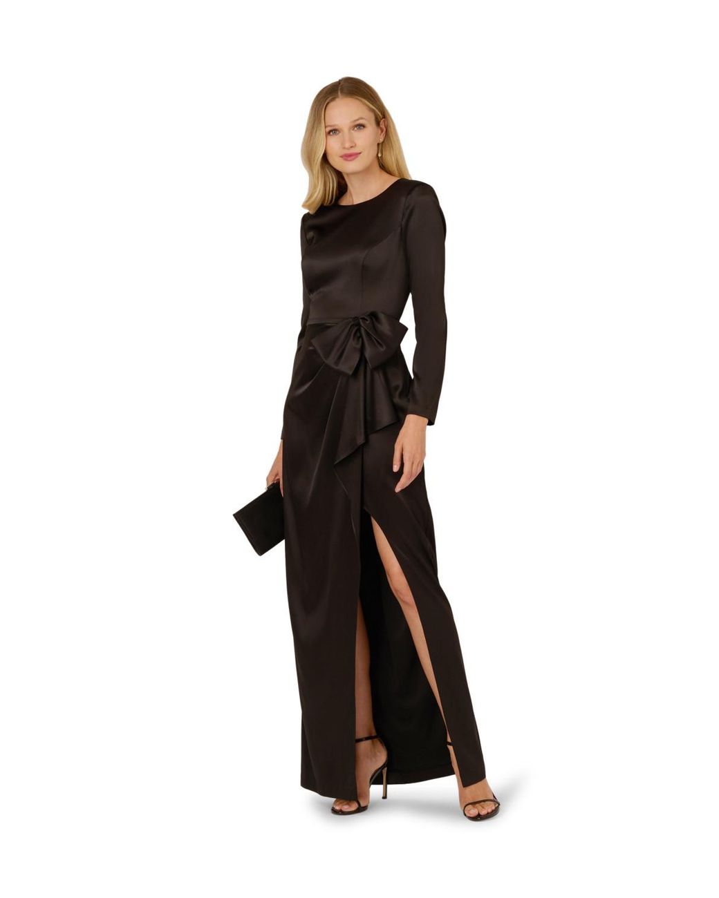 Adrianna Papell Black Stretch Satin Ruffle Gown