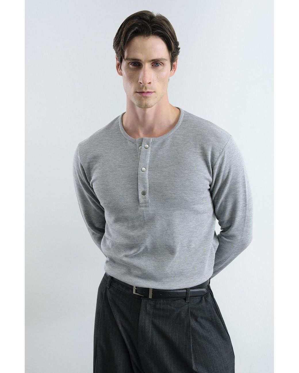 Giesto Gray Comfort Fit Button Collar Long Sleeve T-Shirt for men