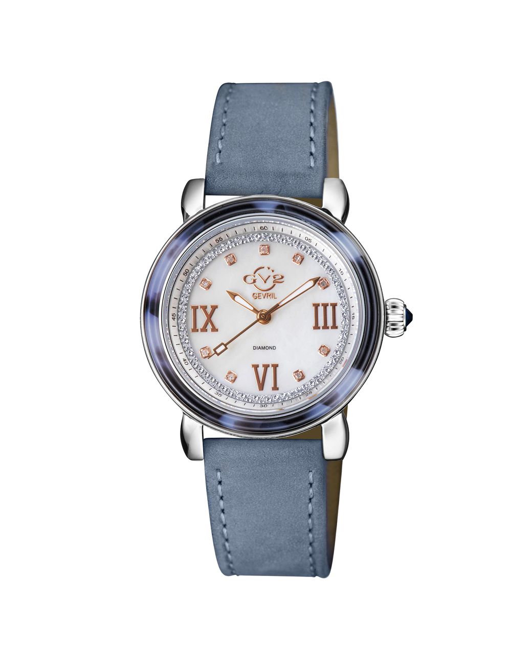 Gv2 Blue Marsala Tortoise Swiss Quartz Diamond Mother Of Pearl Dial, Demin Suede Watch