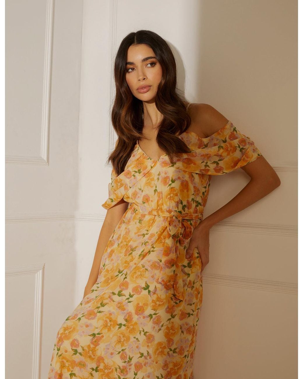 Blue Vanilla Brown Cold Shoulder Detail Chiffon Midi Dress