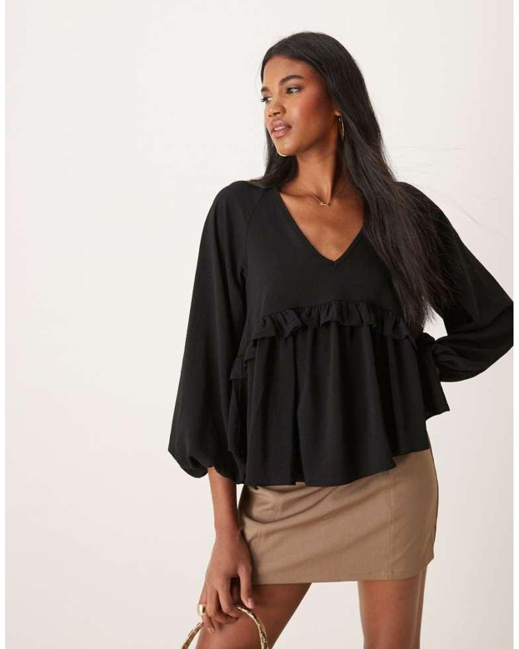 ASOS Black V Neck Smock Top With Ruffle