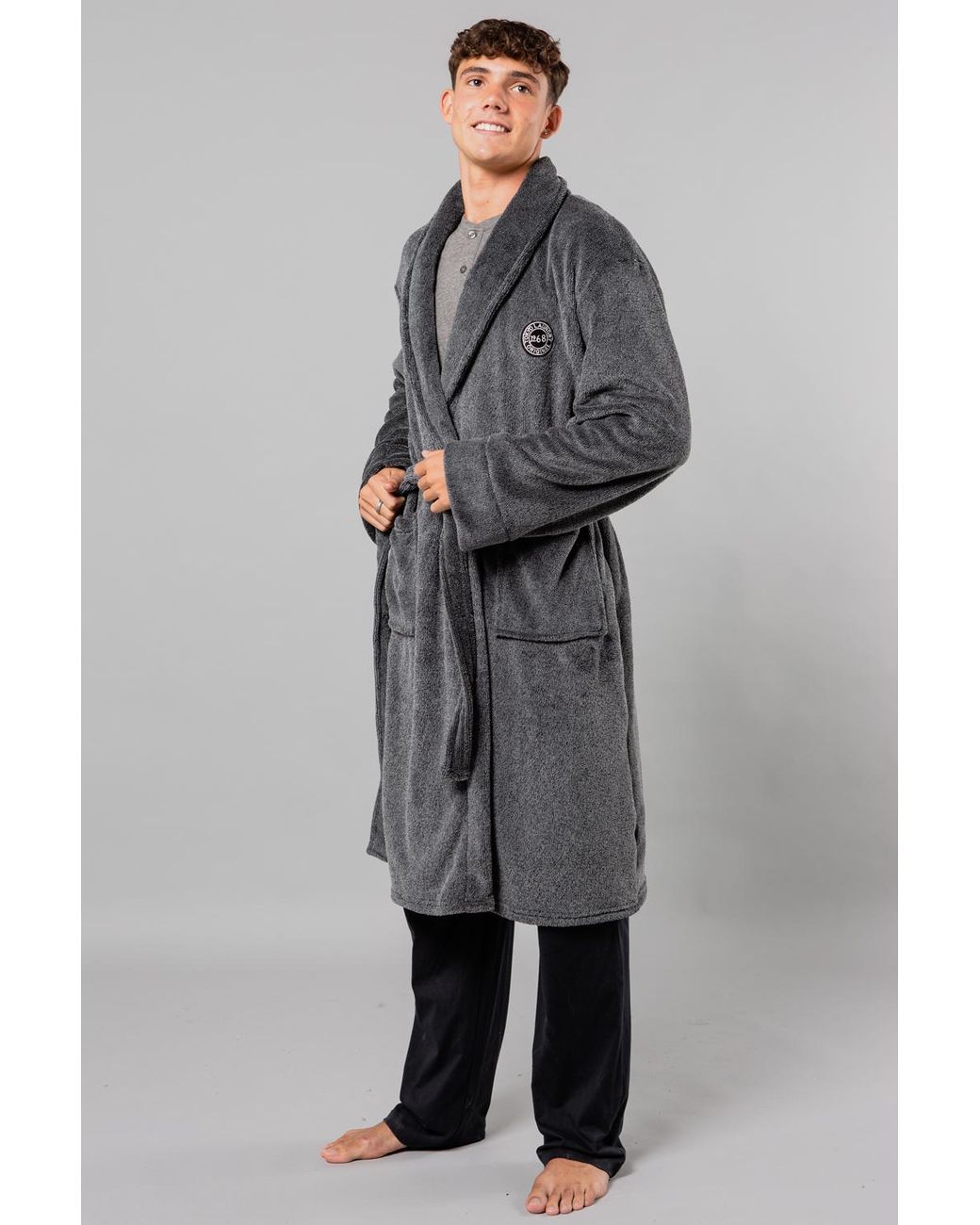 Tokyo Laundry Gray Plush Shawl Collar Dressing Gown for men