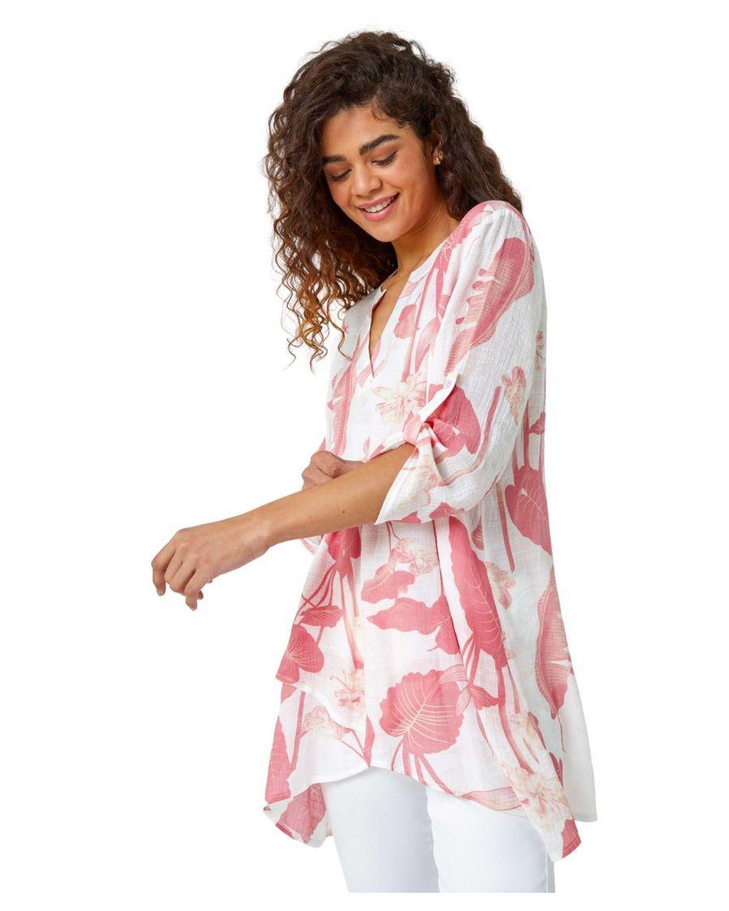 Roman Red Palm Print V-Neck Wrap Hem Tunic Top