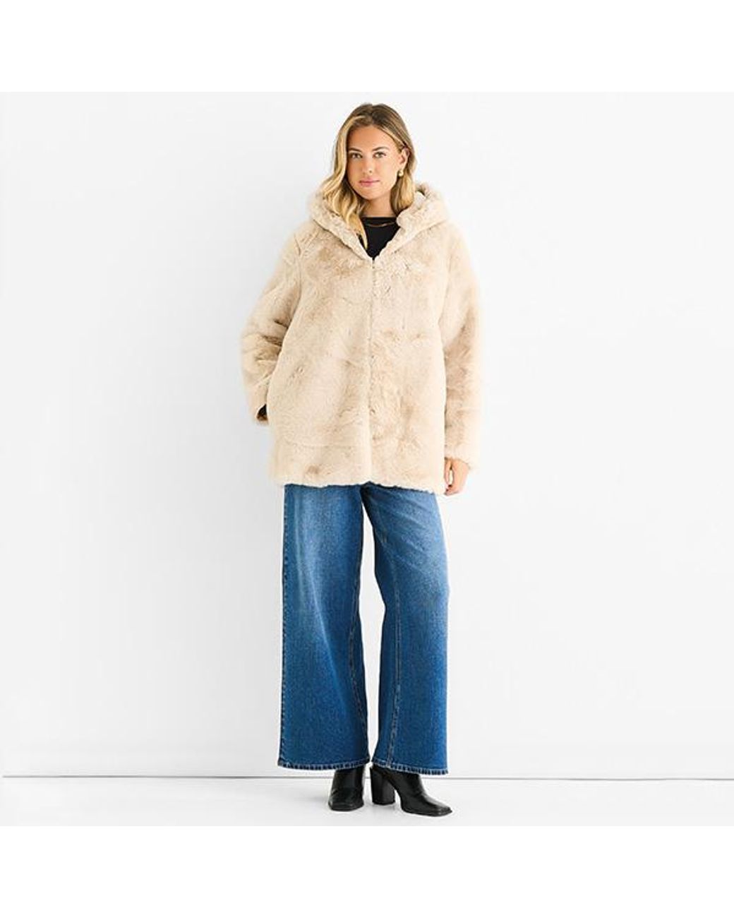 Gini London Natural Hooded Faux Fur Jacket