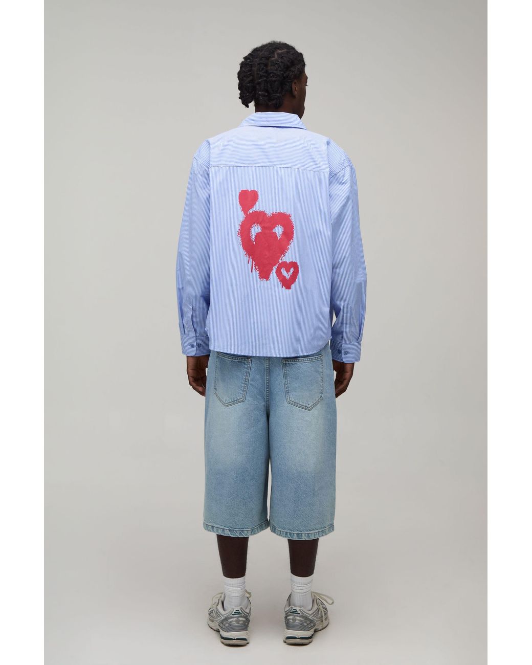 BoohooMAN Gray Oversized Long Sleeve Curve Hem Graffiti Stripe Shirt for men