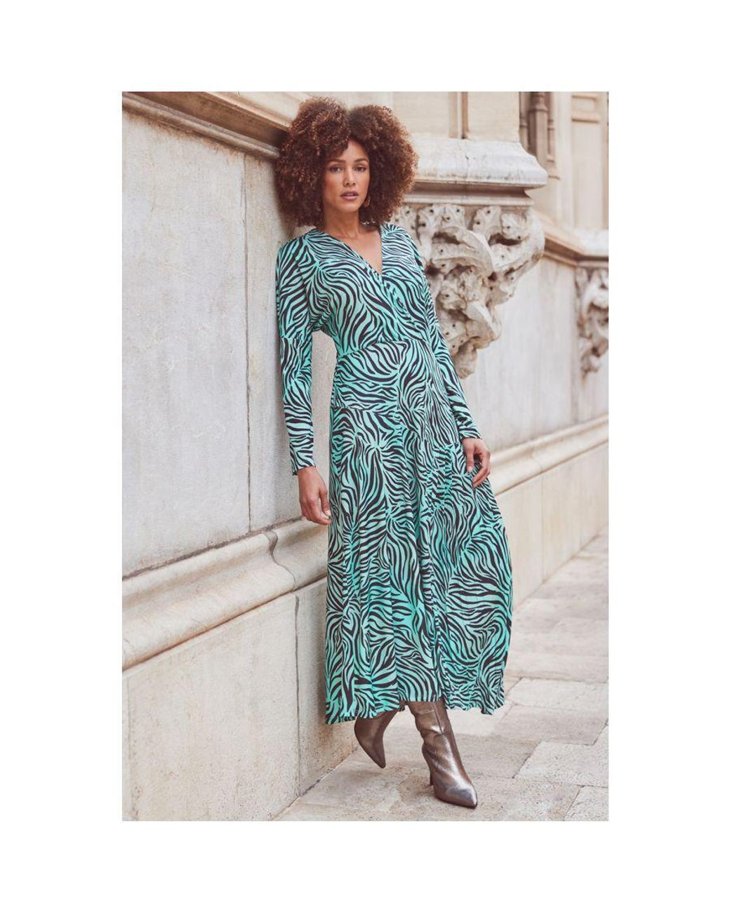 Sosandar Blue Zebra Print Pleated Wrap Front Dress