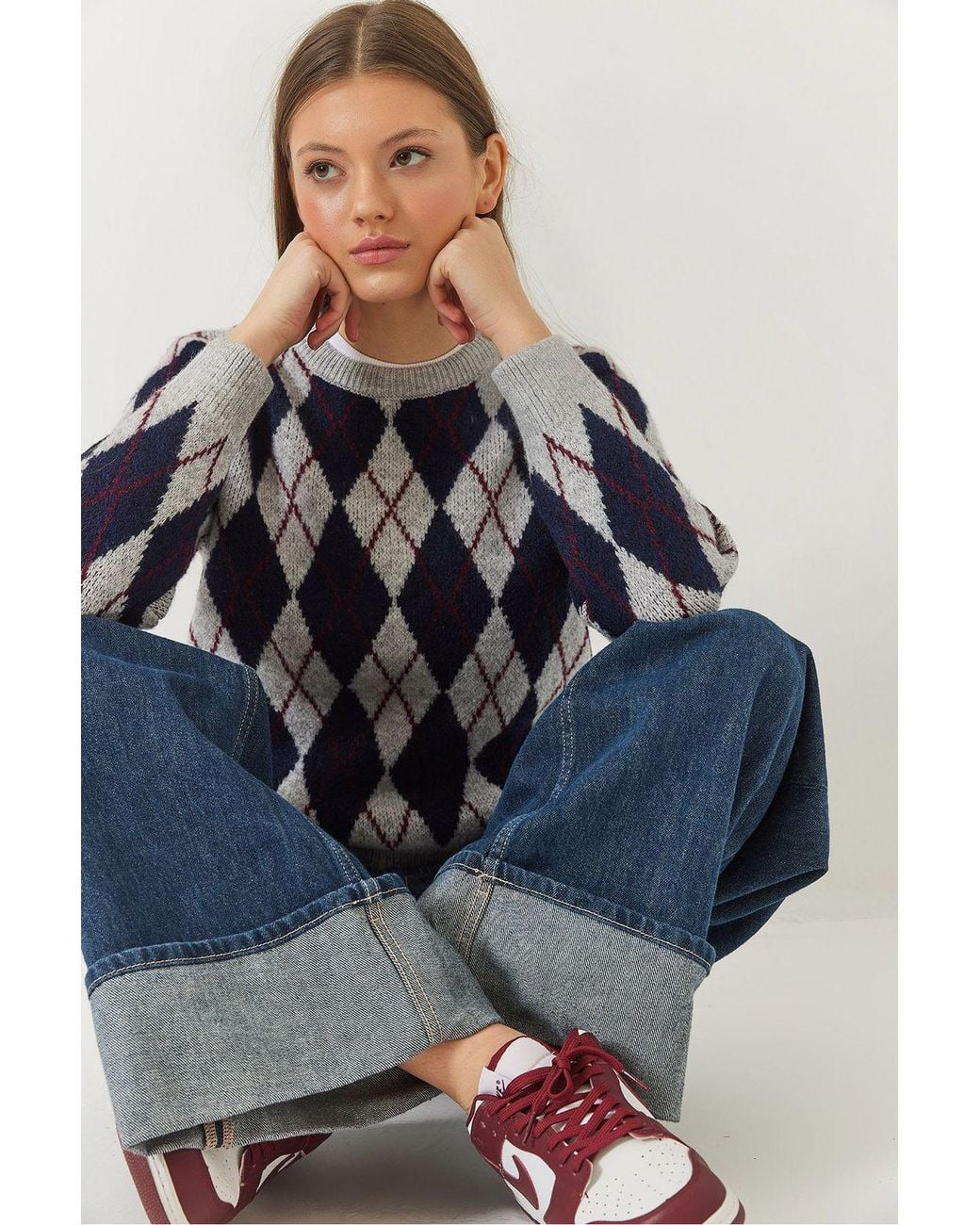 Bianco Lucci Blue Baklava Pattern Crew Neck Knitted Sweater