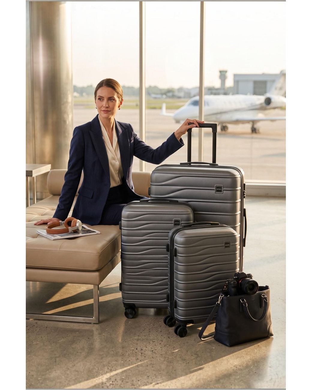 Infinity Leather Gray Hardshell Coffee 8 Wheel Luggage Case Bag Suitcase