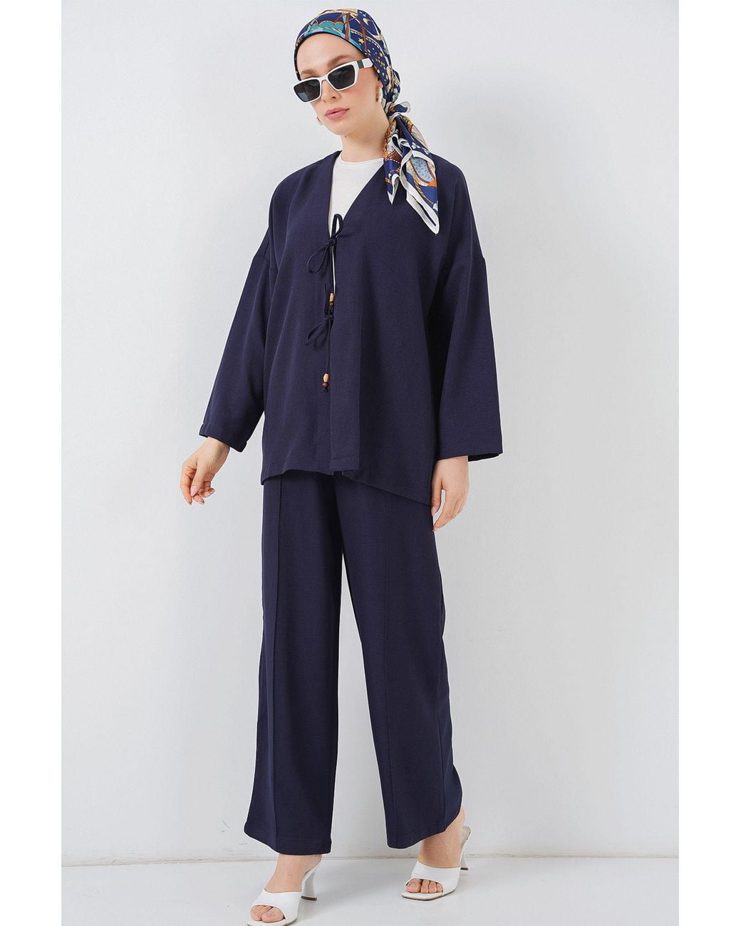 Bigdart Blue V-Neck Cardigan And Wide Leg Pants Set