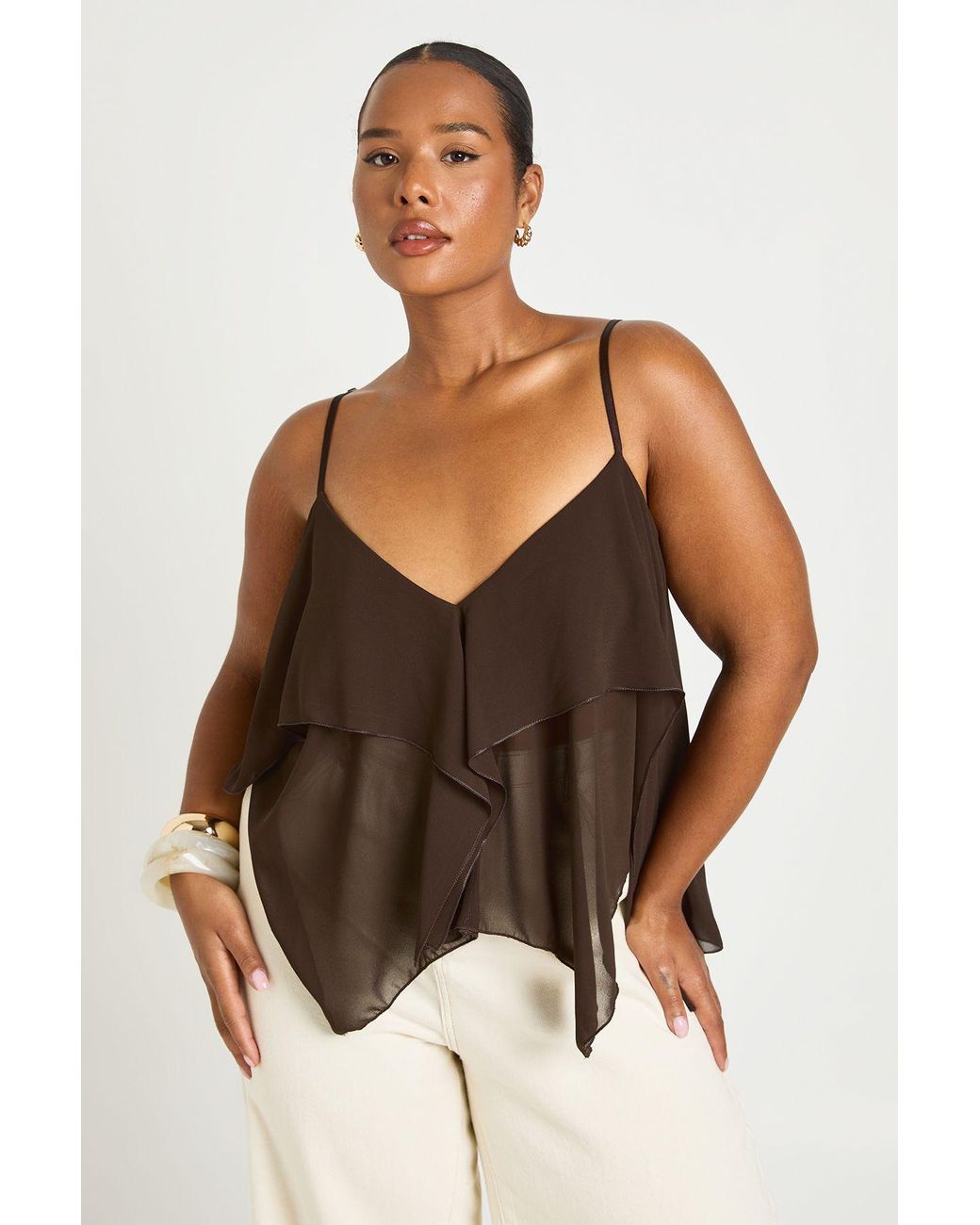 Boohoo Brown Plus Strappy Ruffle Cami Top