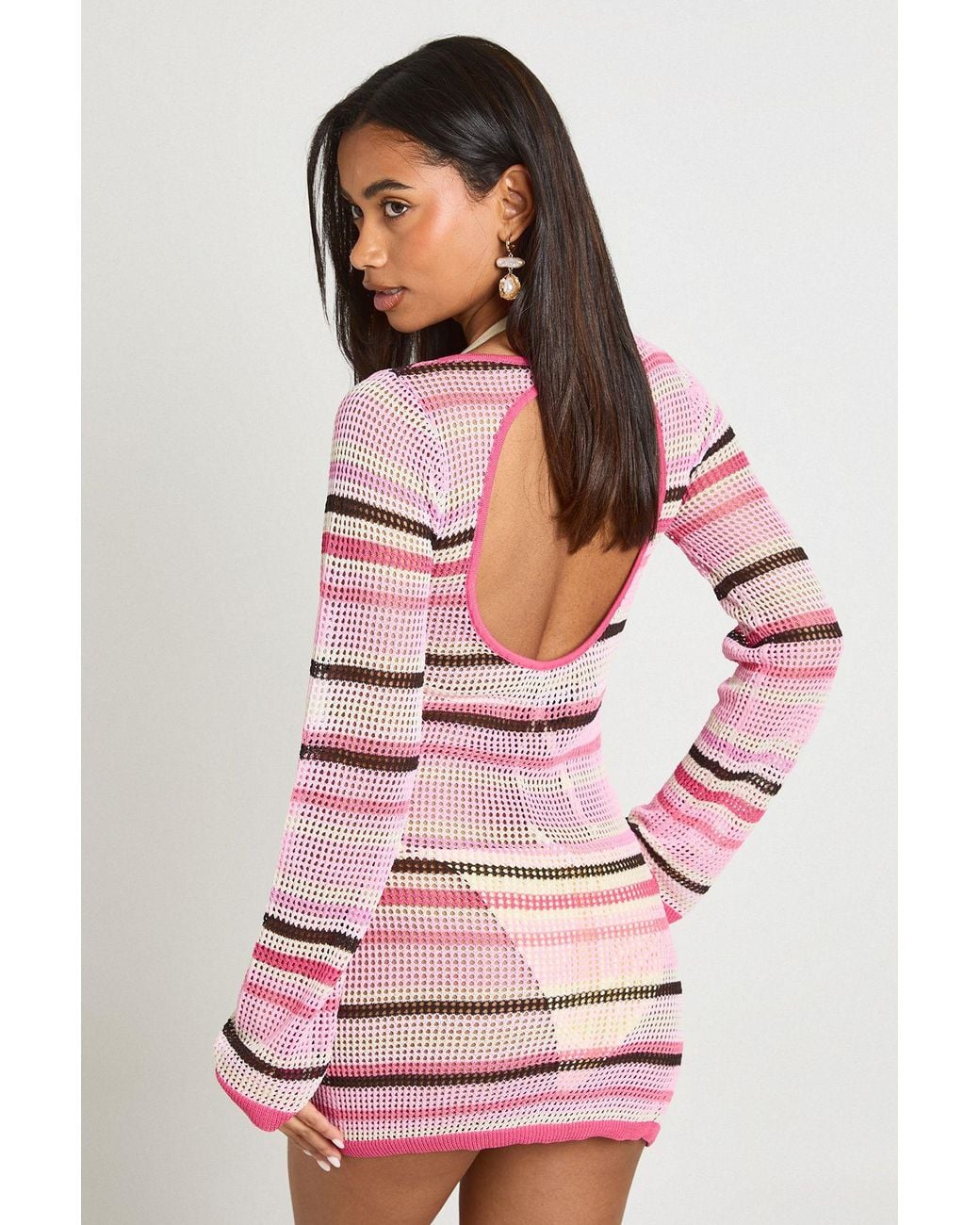 Boohoo Pink Beach Crochet Stripe Knit Mini Dress
