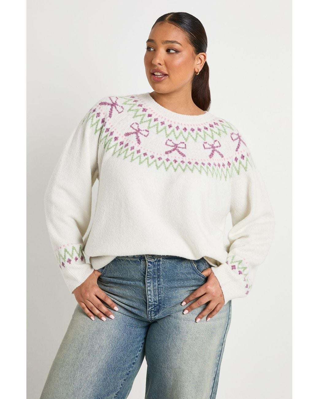 Boohoo White Plus Bow Fairisle Jumper