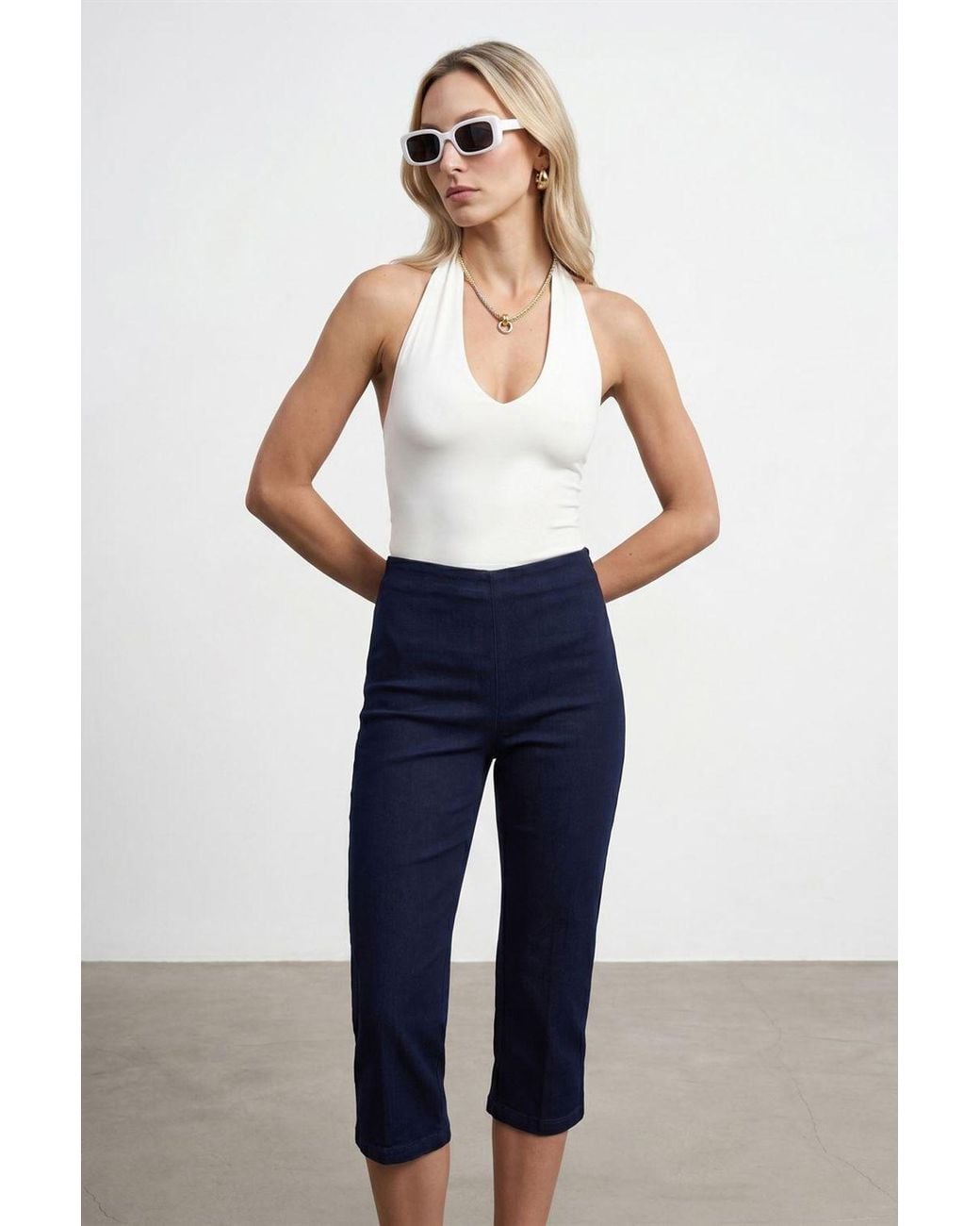 Dilvin Blue Halter Neck Cut-Out Bodysuit
