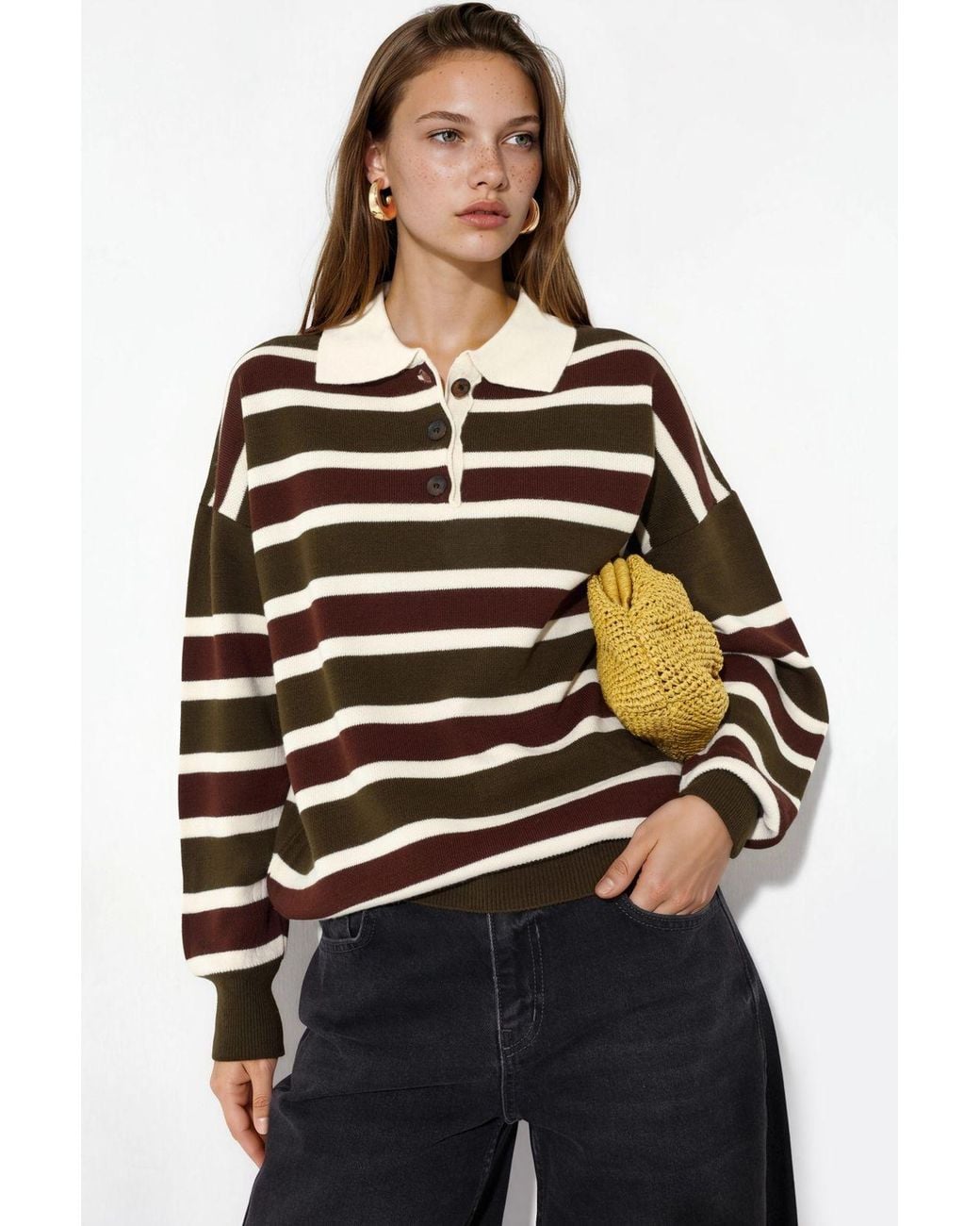 Hiccup Black Striped Polo Collar Knit Sweater