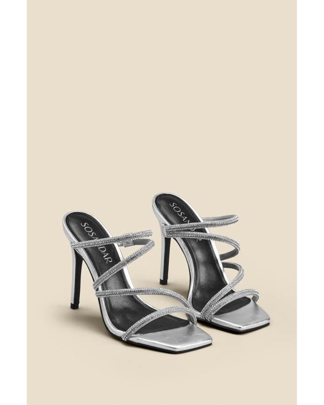 Sosandar Black Leather Diamante Strap Square Toe Sandal