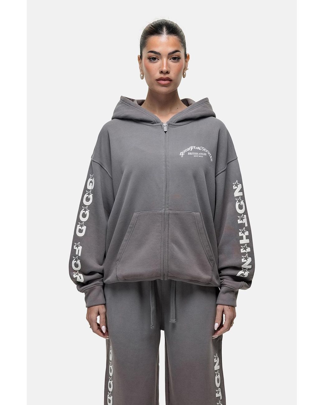 Good For Nothing Gray Zip Through Hoodie With Puff Print