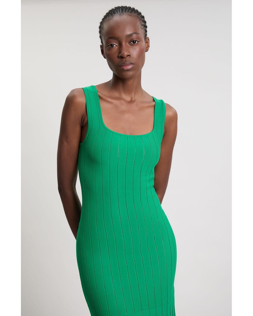 Karen Millen Green Compact Stretch Square Neck Knitted Flippy Dress