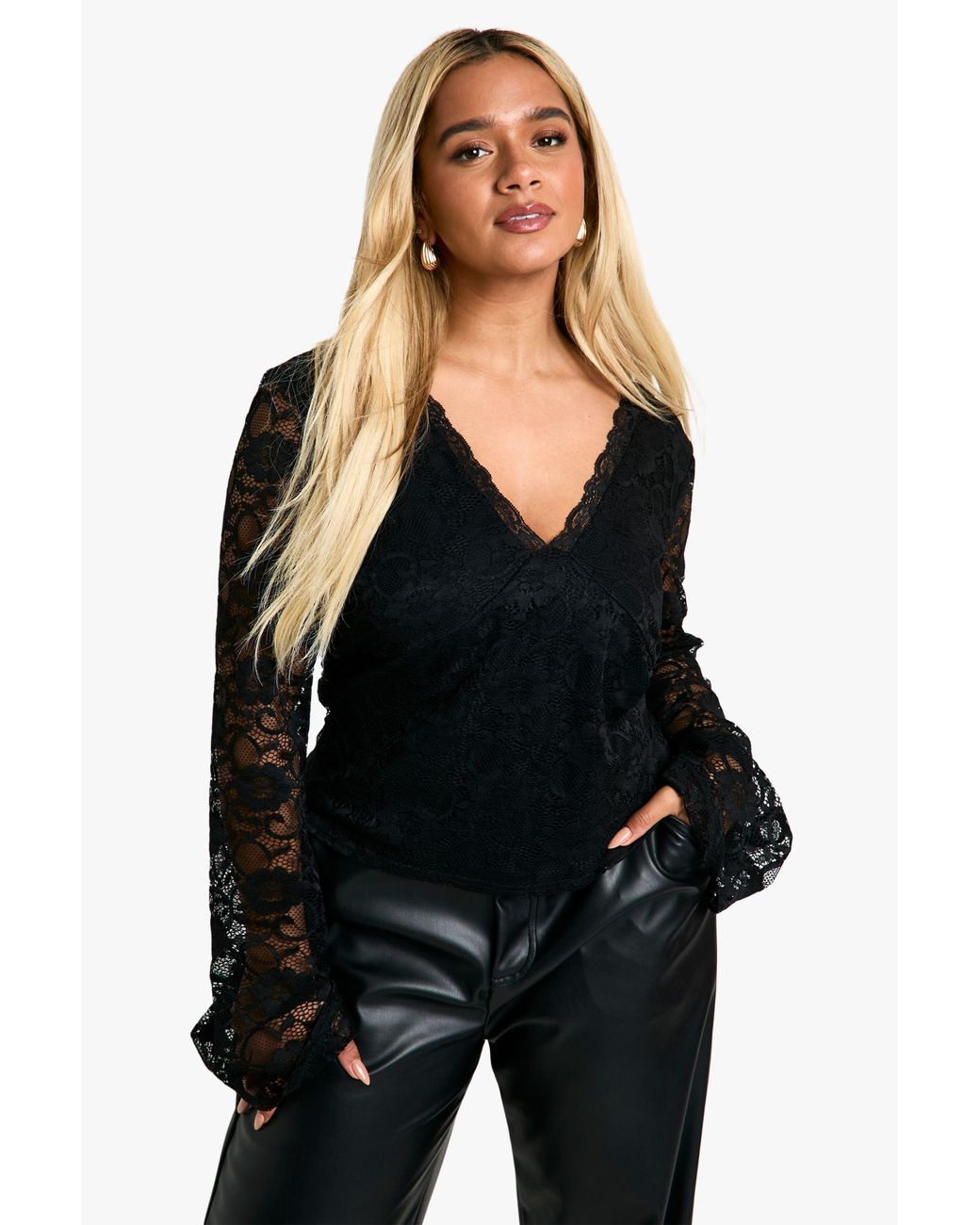 Boohoo Black Plus Plunge Lace Flare Sleeve Top