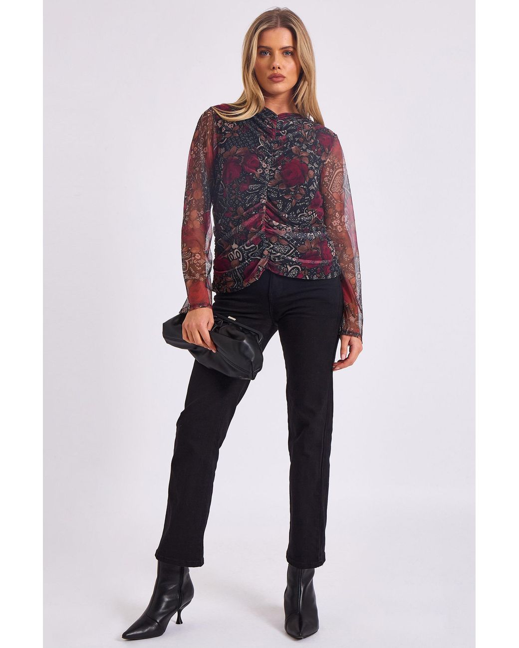 Gini London Blue Mesh Printed Ruched Front Top