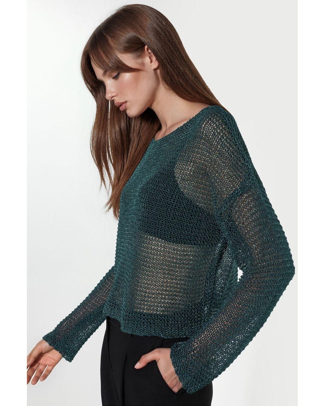 Hiccup Black Semi-Sheer Boat Neck Knit Sweater