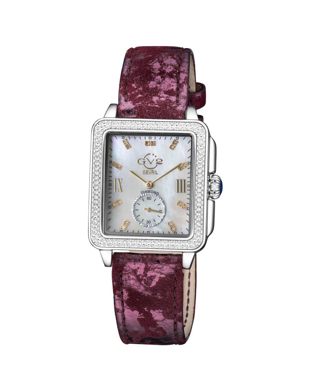Gv2 Purple Bari Diamond Mother Of Pearl Dial Stainless Steel Case Leather Strap Watch