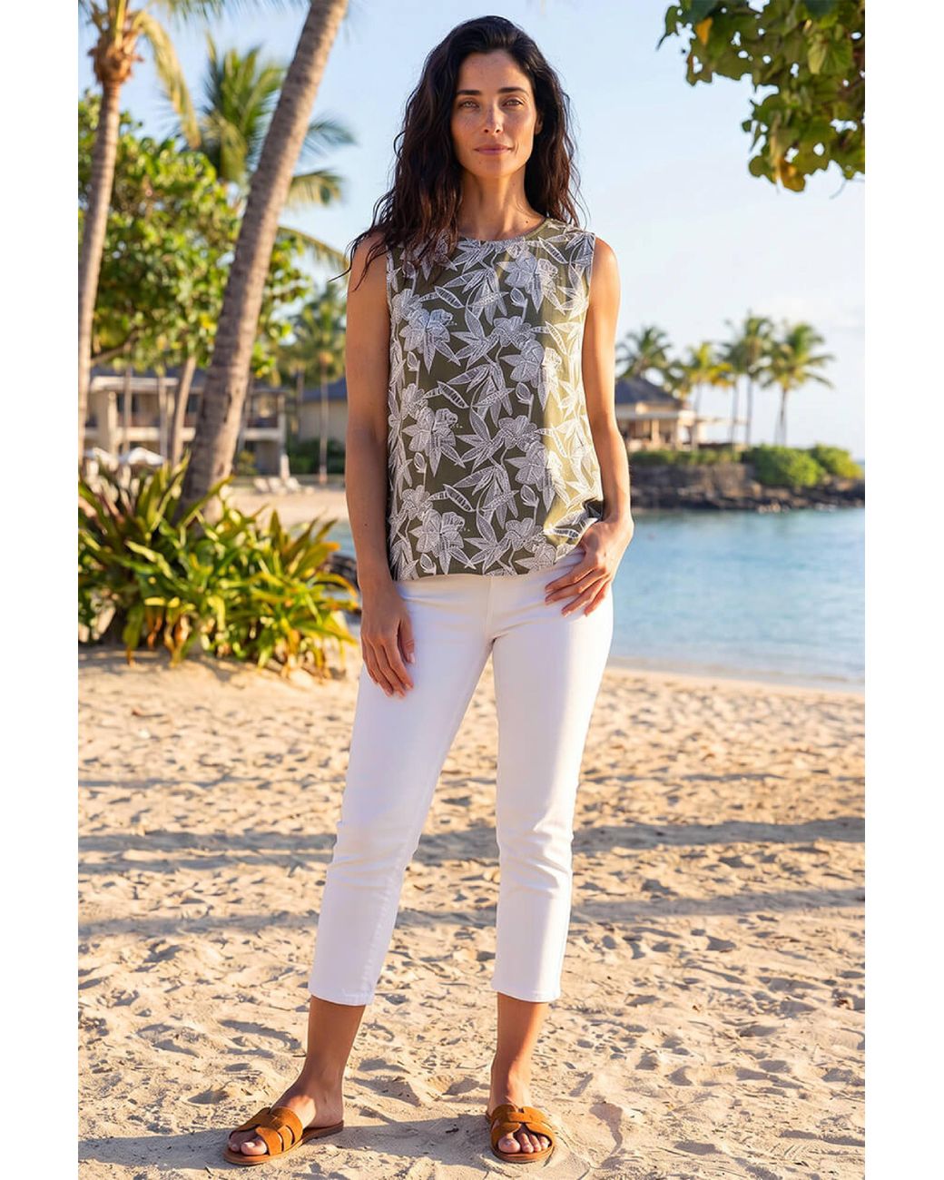 Roman Green Classic Floral Sleeveless Shell Top