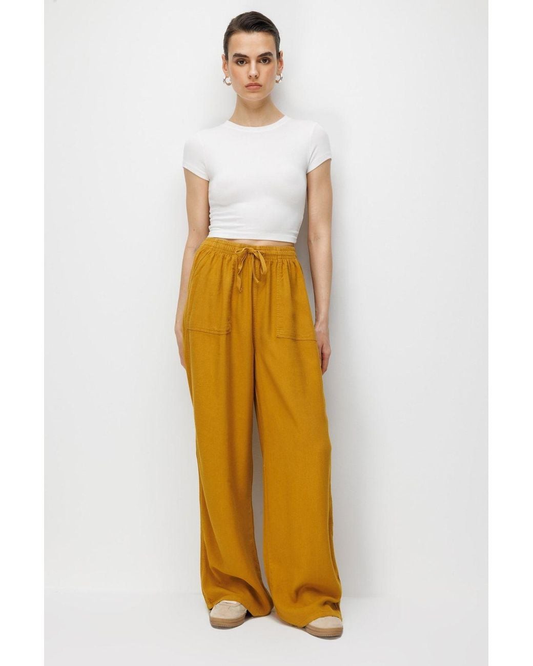 MixRay White Mid Waist Straight Leg Cotton Pants With Tie Closure