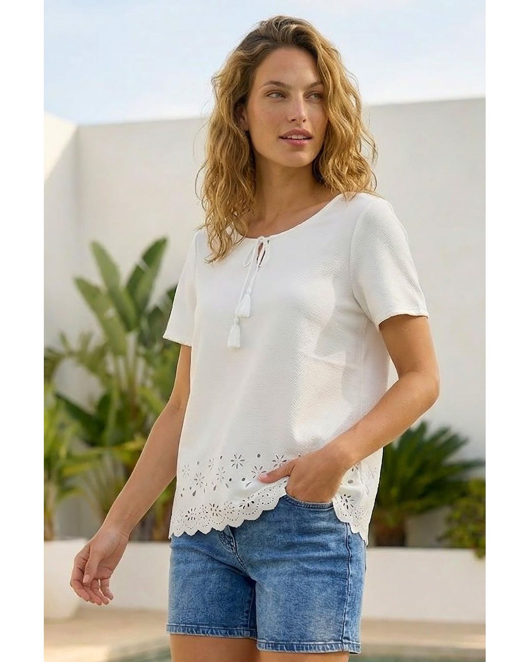 Roman Green Cut Out Hem Tie Front Top