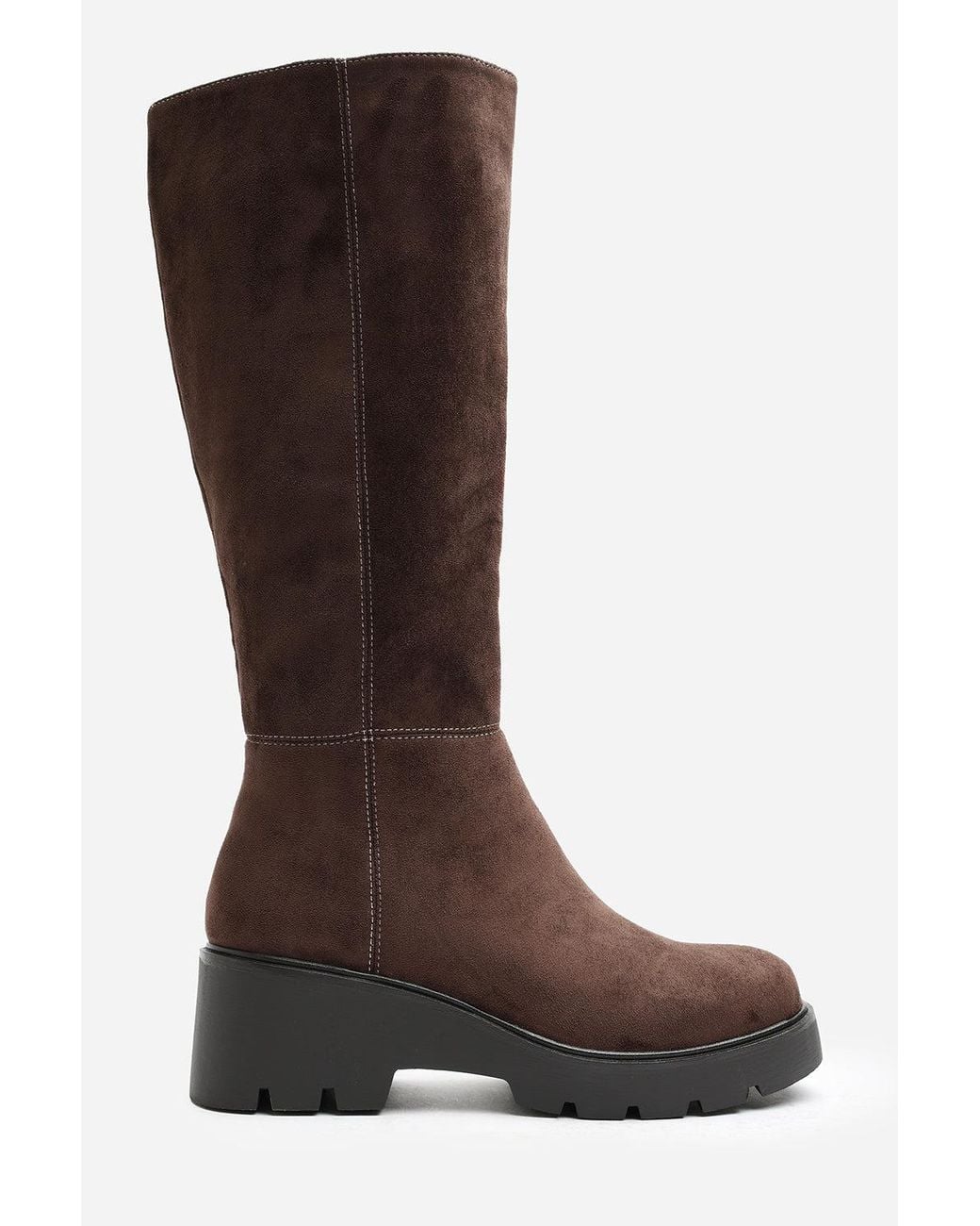 Where's That From Black Envara Wide Fit Knee High Wedge Boot With Stitch Panel Detailing