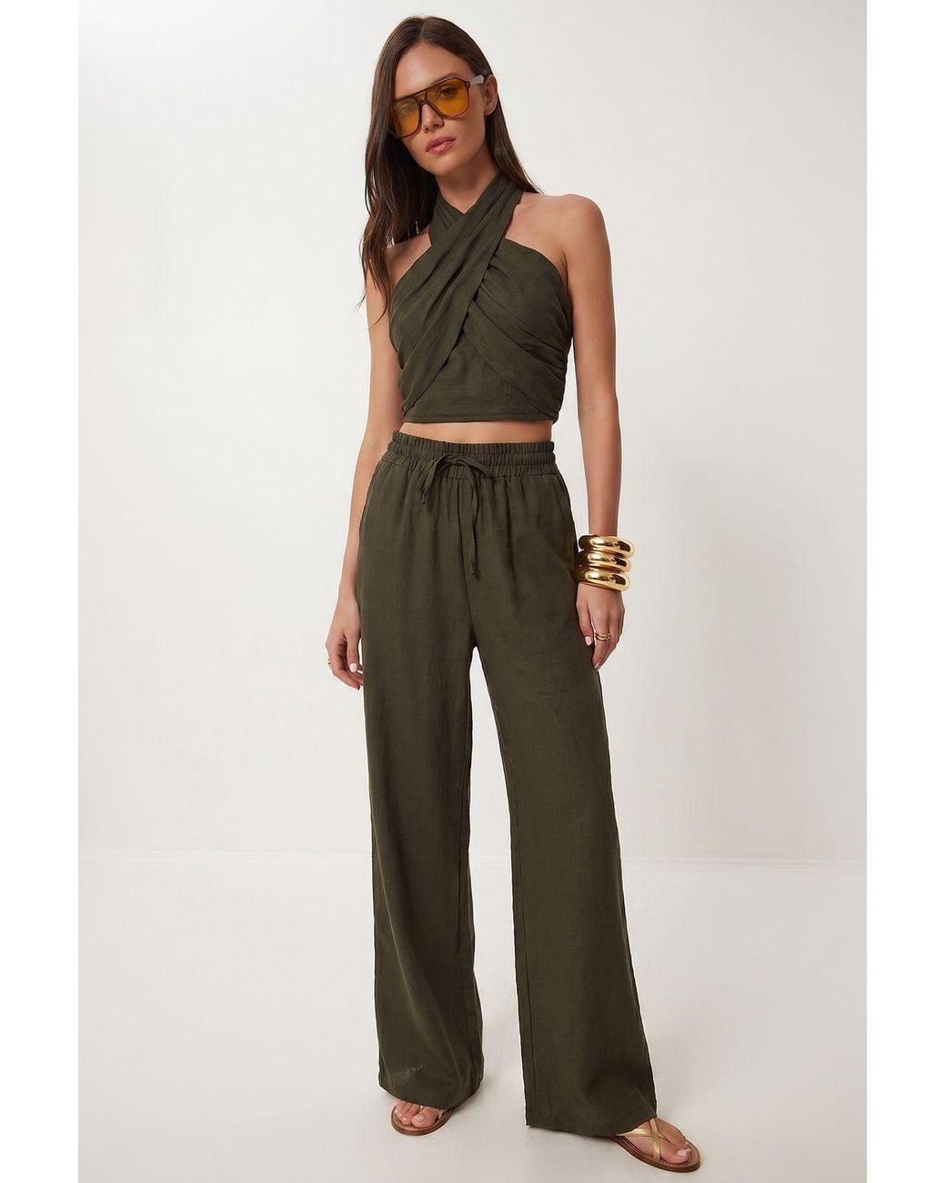 Happiness İstanbul Green Halter Blouse And Wide-Leg Trousers Set