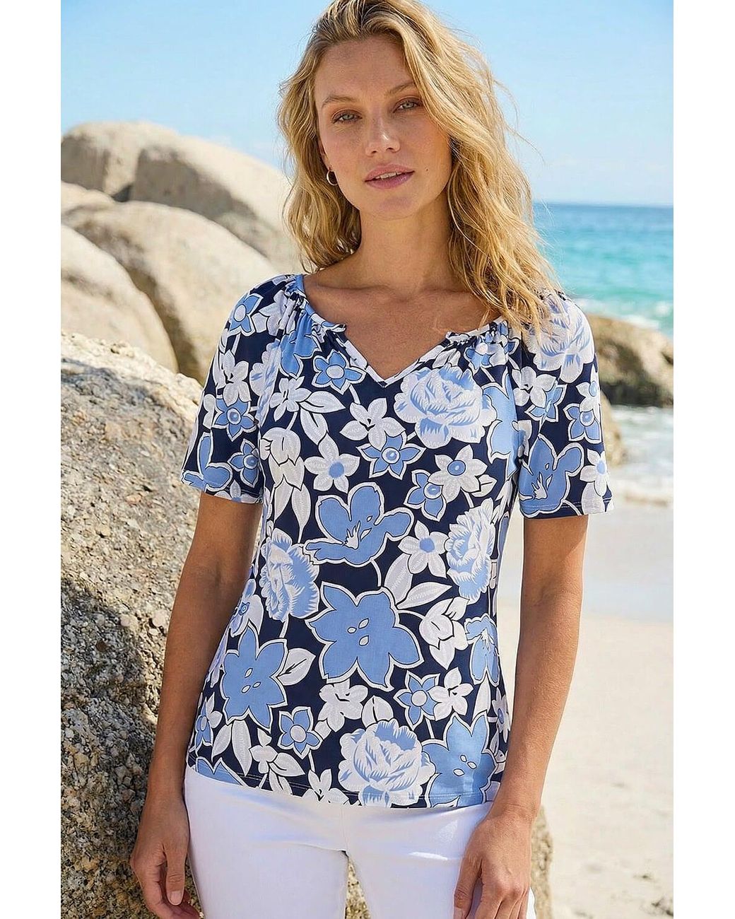 Roman Blue Floral Puff Print V-Neck Top
