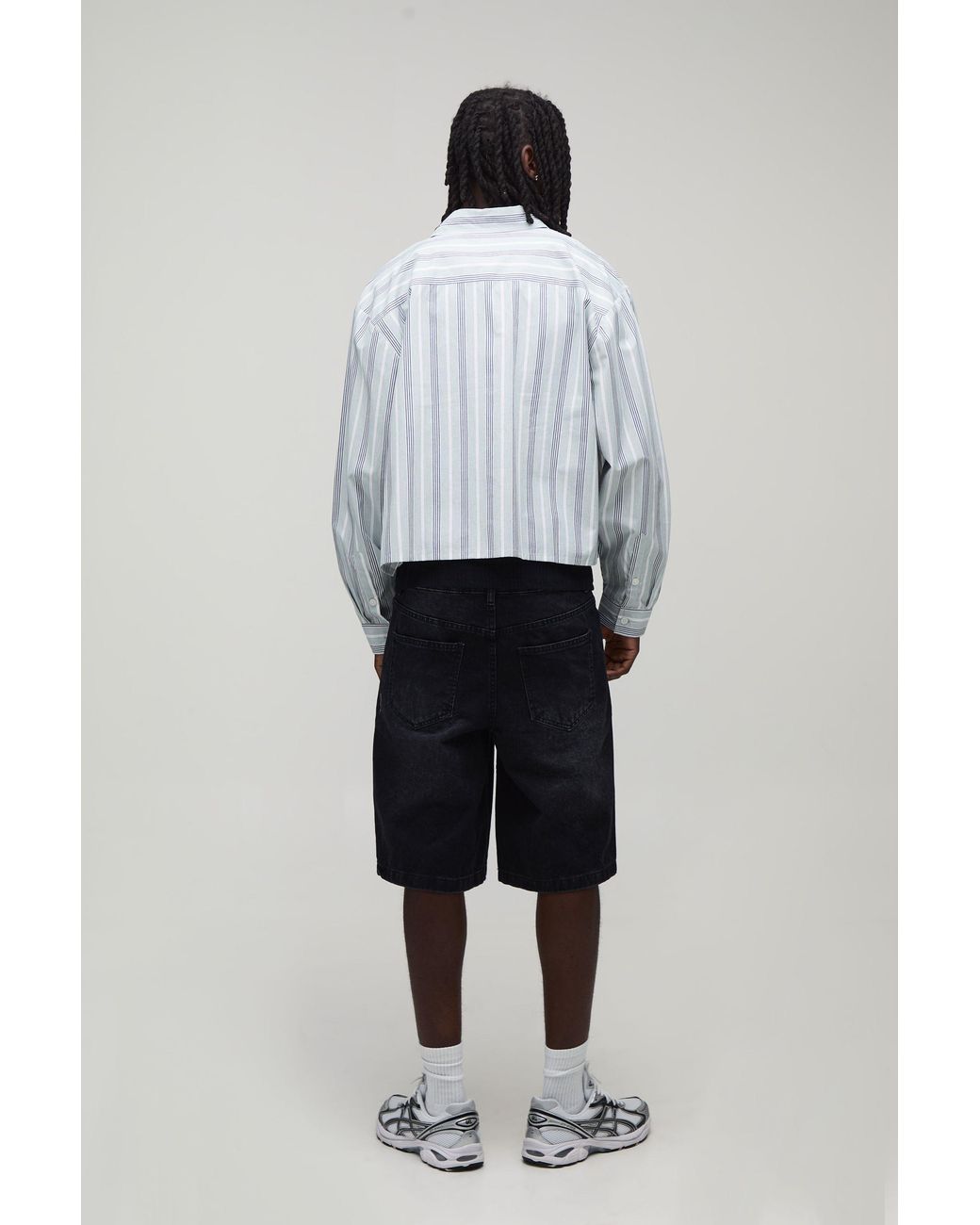 BoohooMAN Black Oversized Crop Boxy Stripe Long Sleeve Shirt for men
