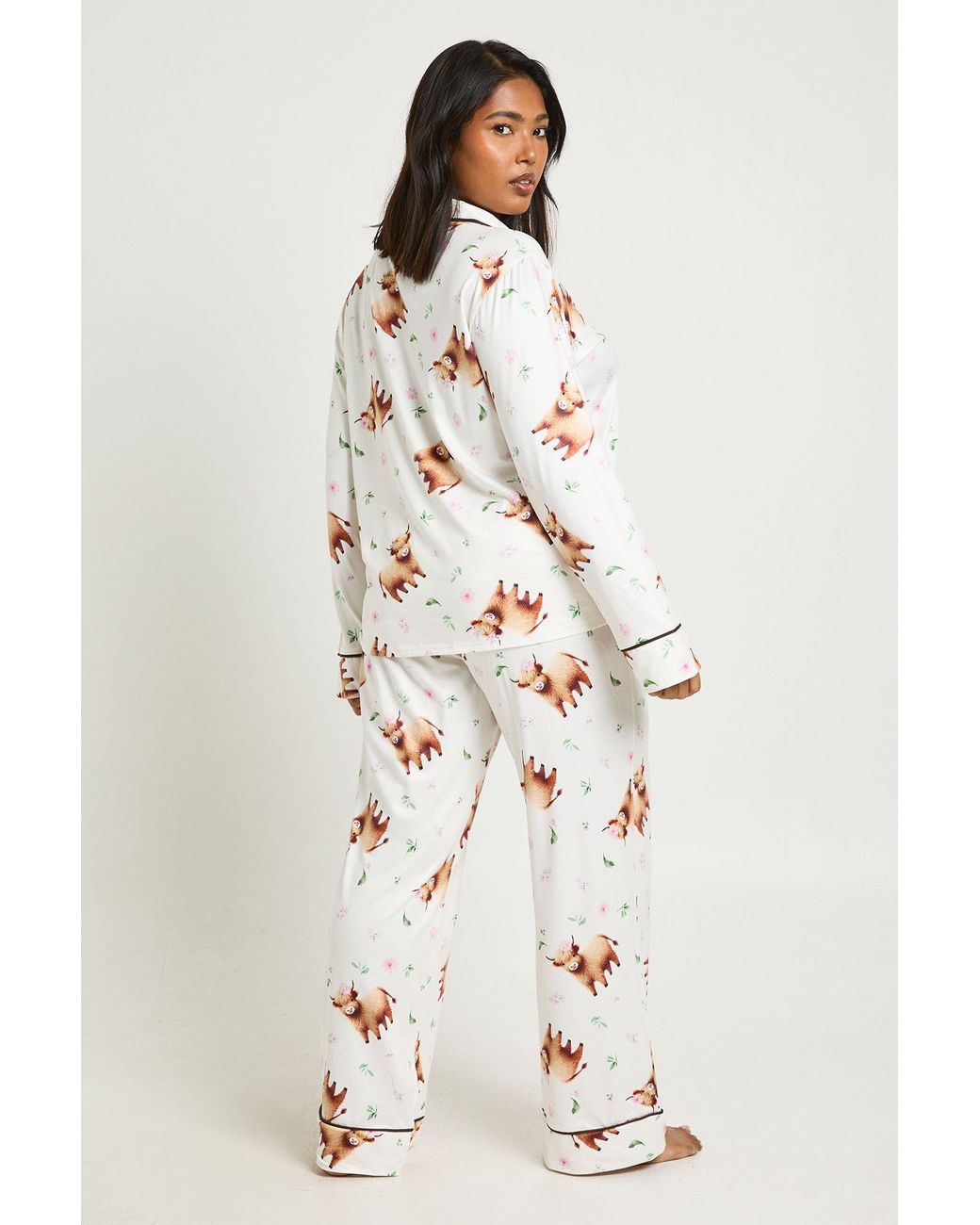 Boohoo Natural Plus Highland Cow Print Long Sleeve Shirt & Trouser Pyjama Set
