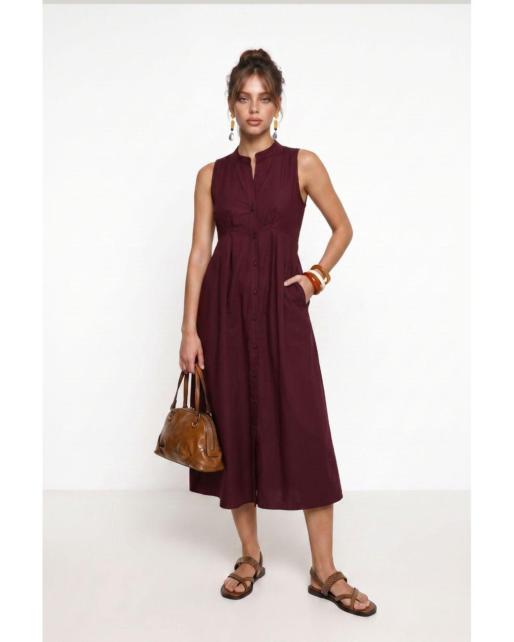 Happiness İstanbul Red Mandarin Collar Sleeveless A-Line Midi Dress