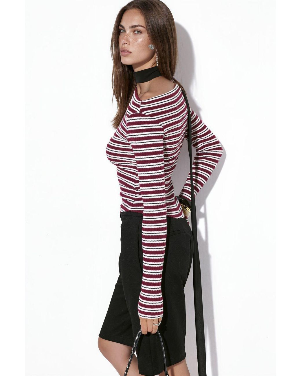 Busem Red Striped Ribbed Boat Neck Top