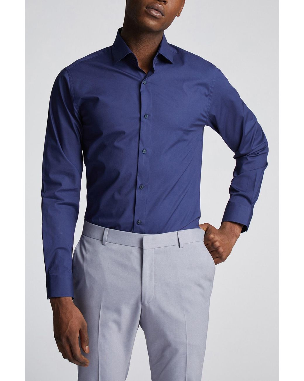 Limehaus Blue Slim Fit Poplin Single Cuff Cutaway Collar Shirt for men