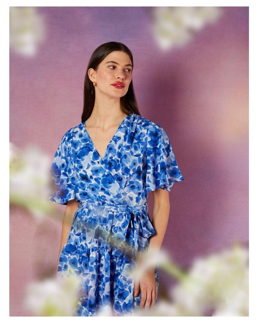 Blue Vanilla Blue Wrap Front Tier Hem Angel Sleeve Dress