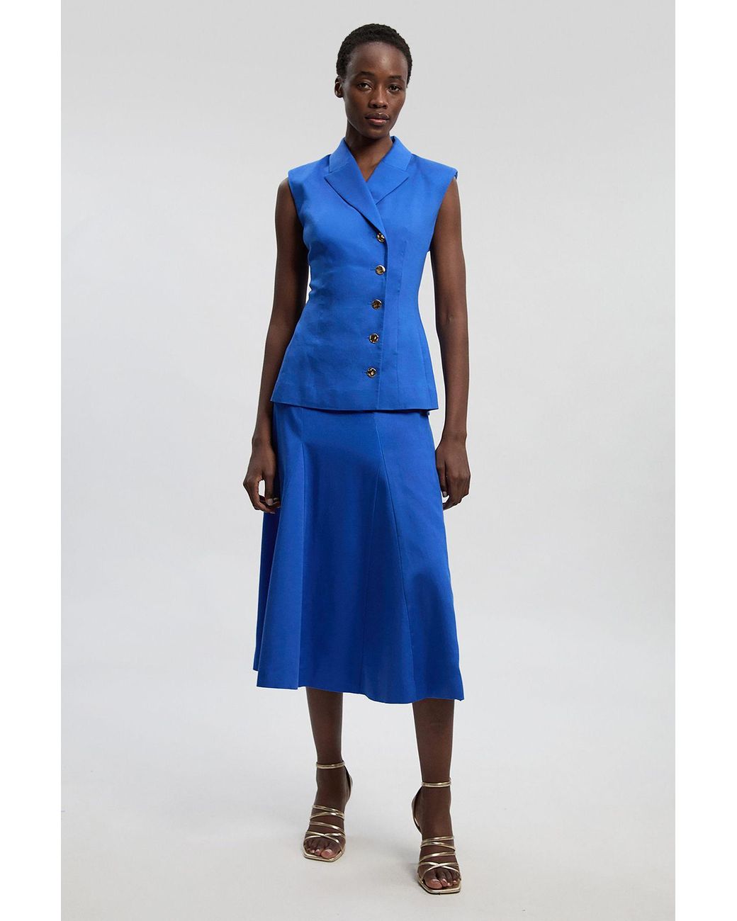 Karen Millen Blue Tailored Linen Button Front Full Midi Skirt