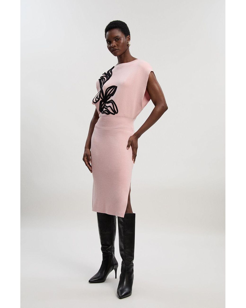 Karen Millen Pink Placed Cornelli Knitted Pencil Midi Dress