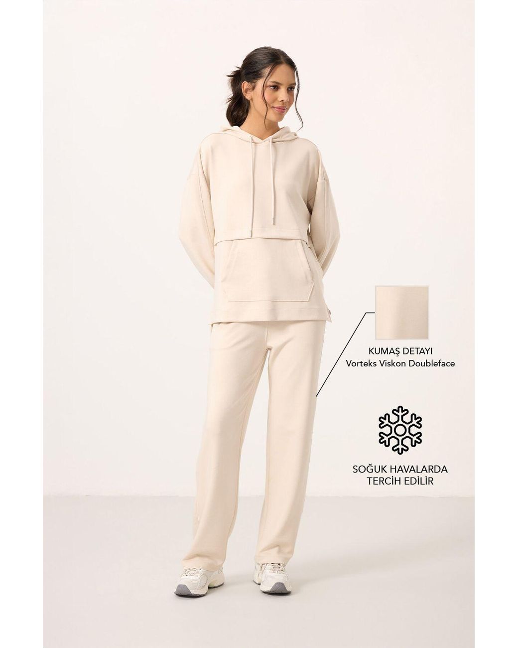 TOMMY LIFE Natural Oversized Hooded Sweatshirt And Wide-Leg Pants Set