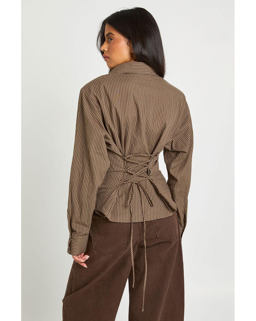 Boohoo Brown Cinched Stripe Fitted Shirt