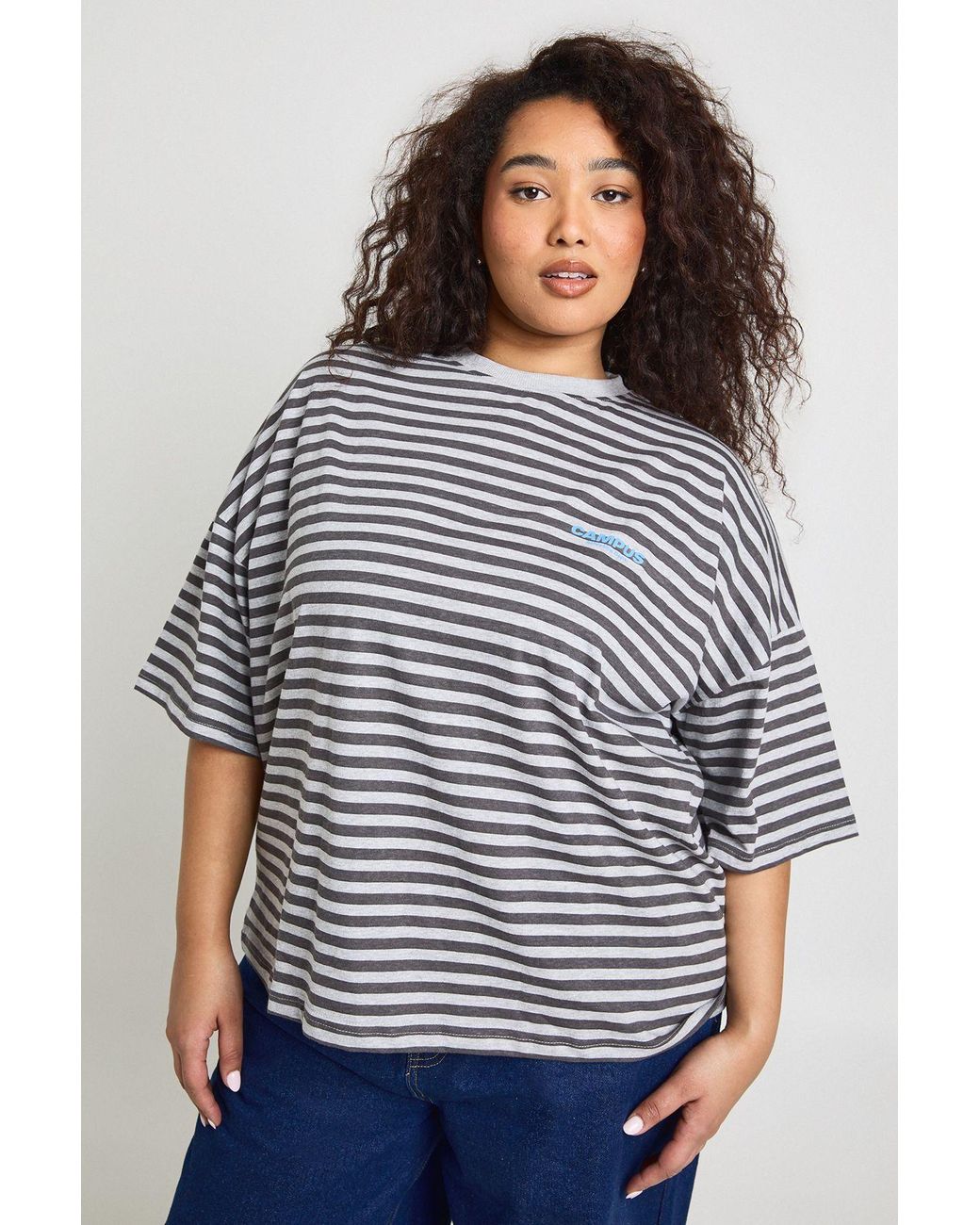 Boohoo Gray Plus Stripe Oversized Short Sleeve Top